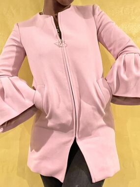 Zara Pink Ruffle Sleeve Coat, 100% Linen & Viscose